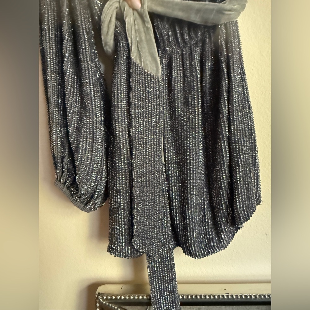 RETROFÊTE Bridgette one-shoulder velvet-trimmed sequined chiffon mini dress SZ S - Picture 4 of 6